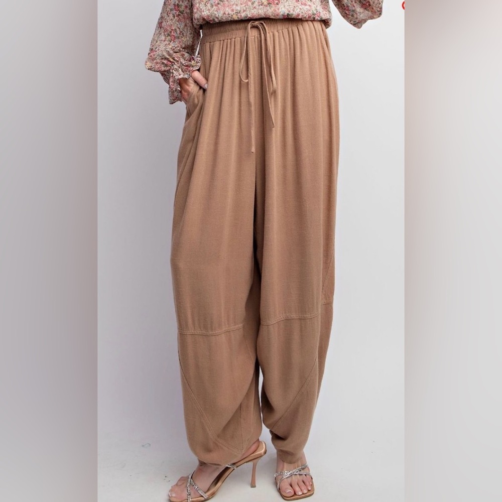 Easel NWT Poly Linen Loose Fit Pants Elastic Waistband Ruched Waist Pockets